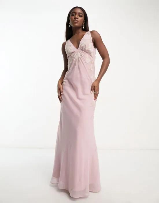 Bridesmaids sleeveless maxi dress with floral applique in rose