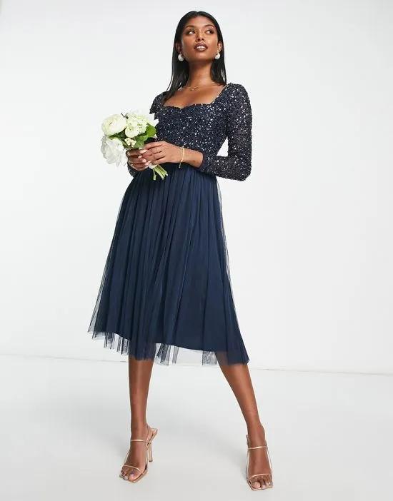 Bridesmaids sweetheart long sleeve midi dress in navy blue