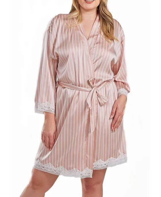 Brillow Plus Size Satin Striped Robe with Self Tie Sash and Trimmed in Lace