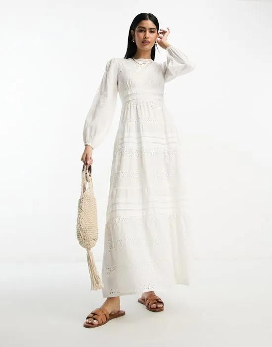 broderie and pin tucks long sleeve tiered maxi tea dress in white