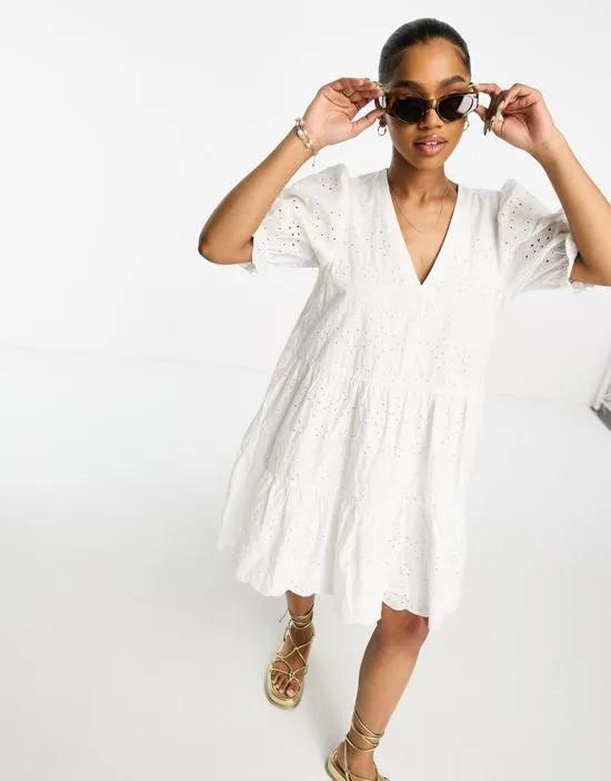 broderie anglaise puff sleeve mini dress in white