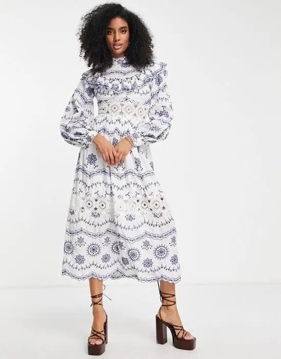 broderie blouson sleeve midi dress with contrast embroidery