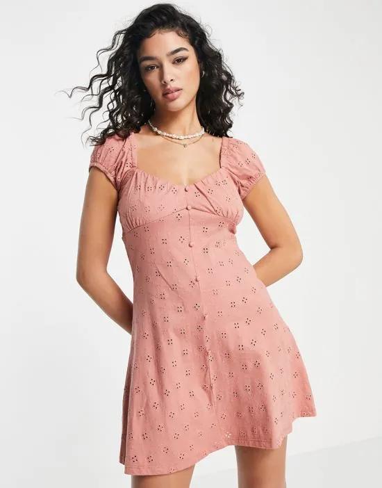 broderie bust detail mini tea dress with buttons in rose