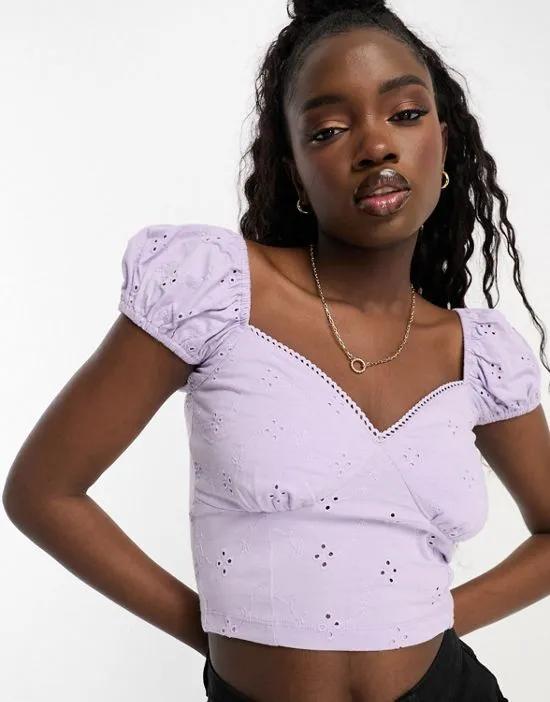 broderie cupped puff sleeve sun top in lilac