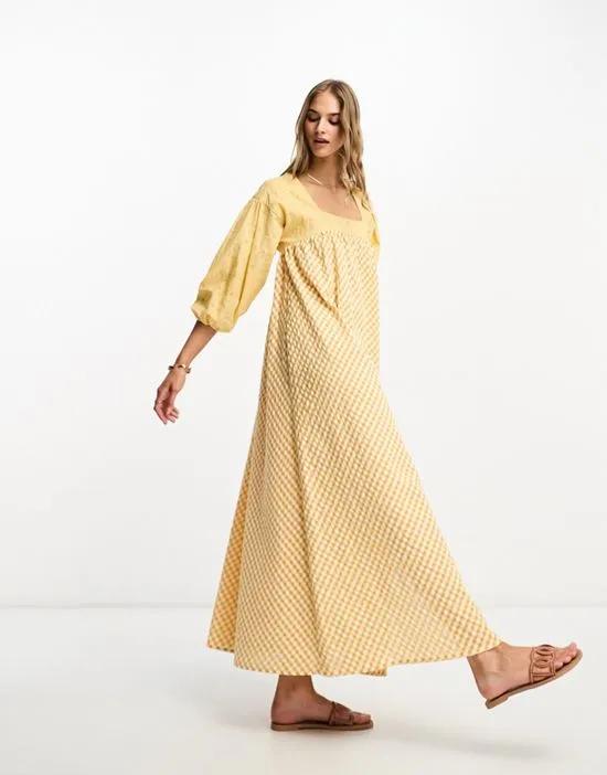 broderie gingham mix midi dress in yellow
