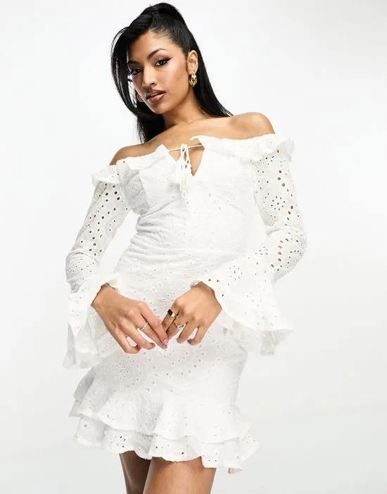 broderie off-shoulder flared sleeve mini dress in white