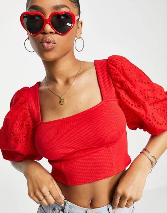 broderie puff sleeve top in red