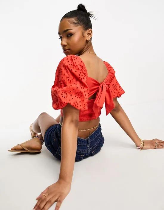 broderie sleeve milkmaid top in red