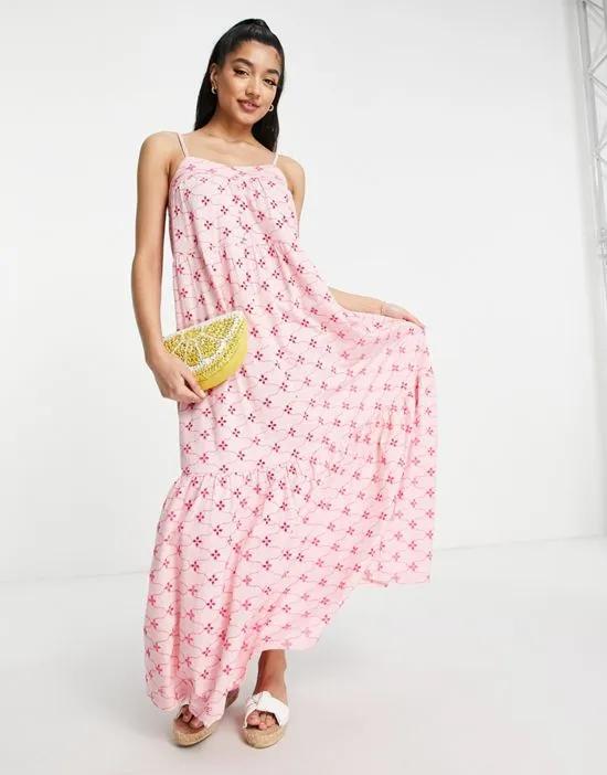 broderie strappy maxi dress with buttons in pink contrast