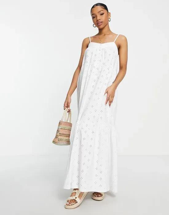 broderie strappy maxi dress with buttons in white