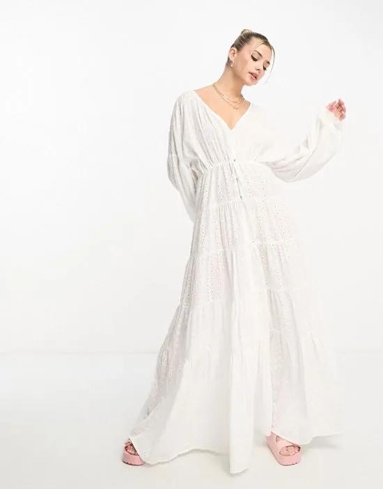 broderie tiered maxi dress in white