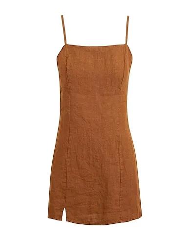 Brown Plain weave Short dress LINEN SLIP MINI DRESS

