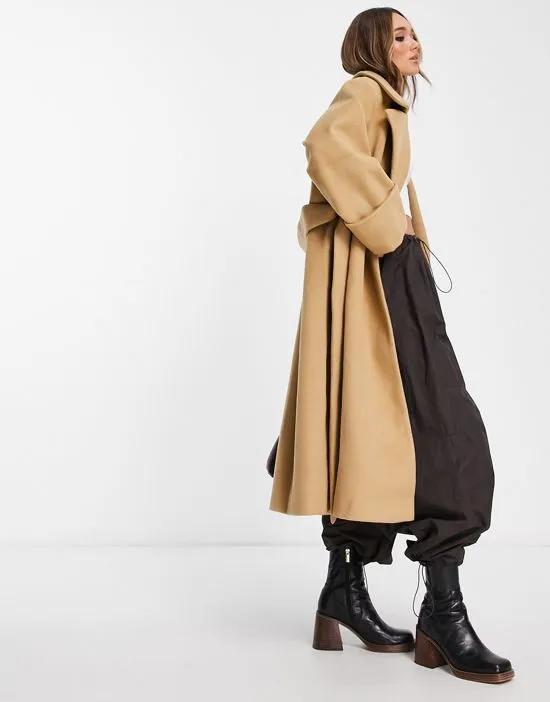 brushed belted coat in brown