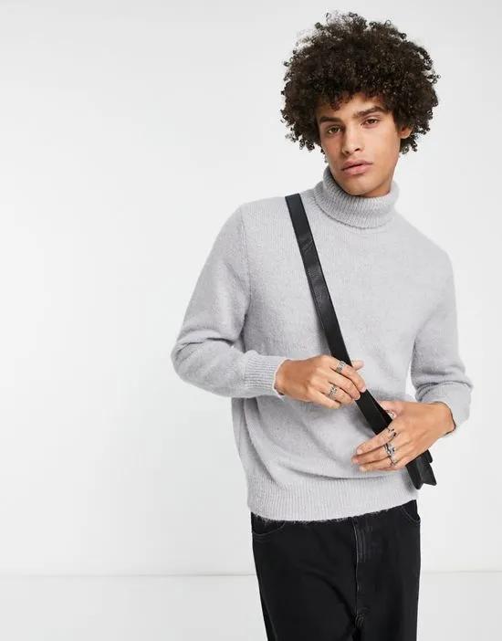 brushed knit roll neck sweater in light gray