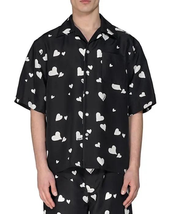 Bunch Of Hearts Silk Habotai Printed Regular Fit Button Down Camp Shirt