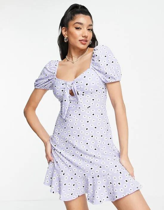 bunny tie fit and flare mini dress in lilac heart print