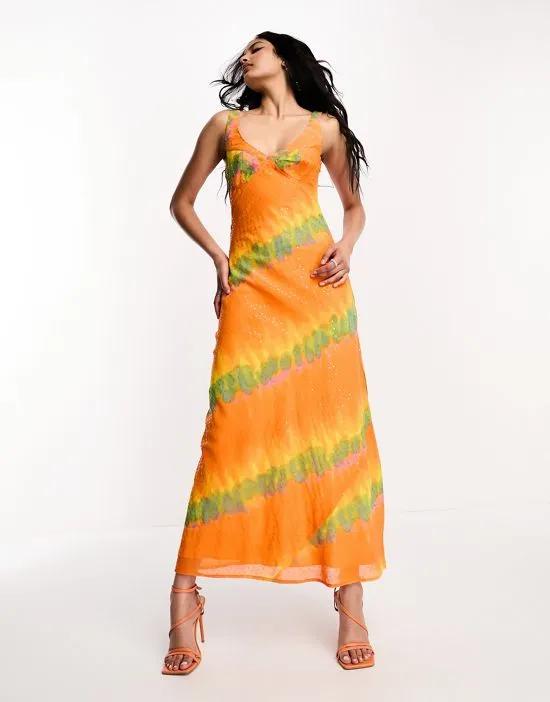 bust cup detail midi slip dress in orange tie dye with metallic spot