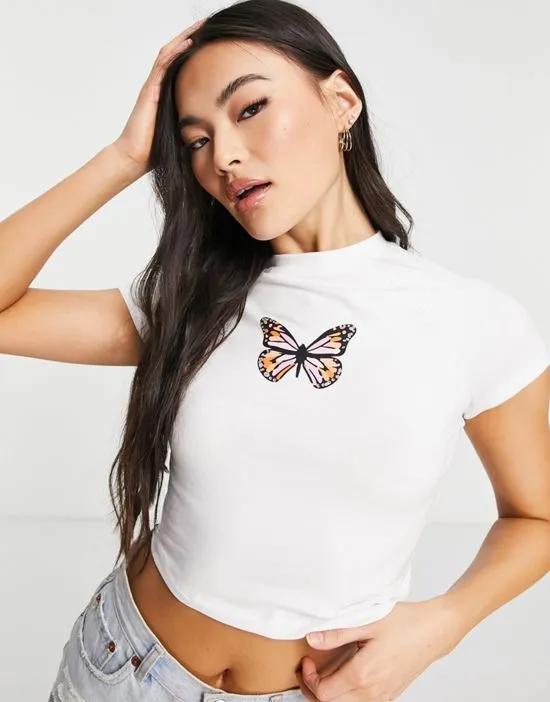 butterfly print cropped top in white