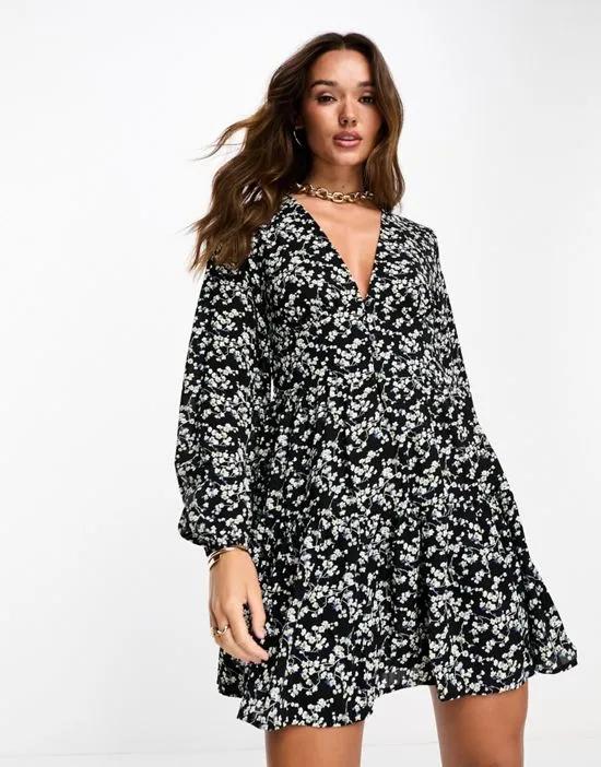 button detail midi dress in black ditsy floral
