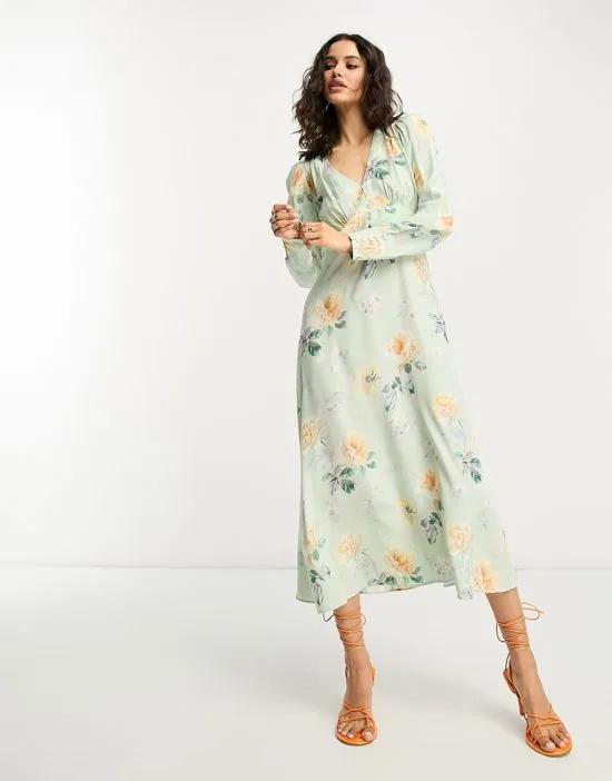 button detail midi dress in green floral