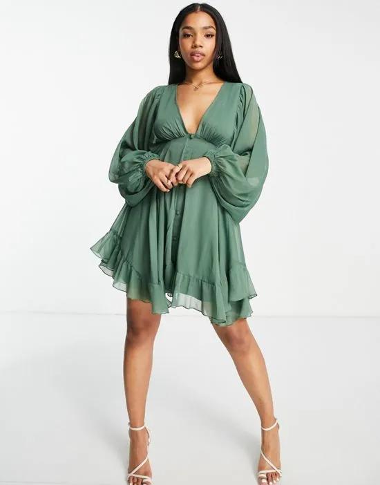button detail mini dress with blouson sleeve in forest green
