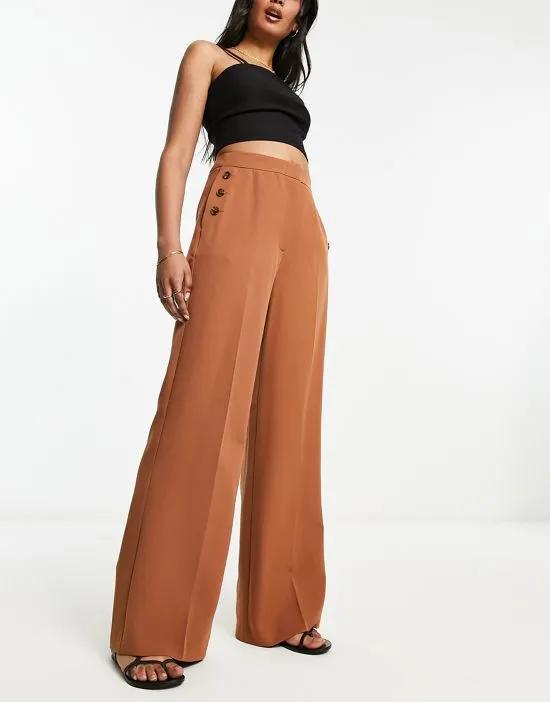button detail wide leg pants in brown