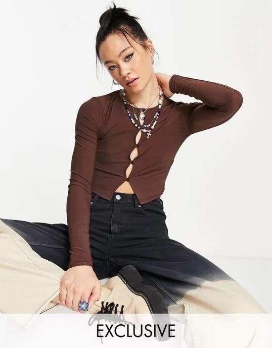 button down crop top in chocolate brown