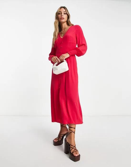 button down midi dress in hot pink