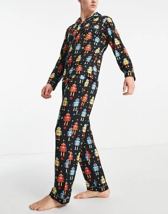 button down pajamas in robot print