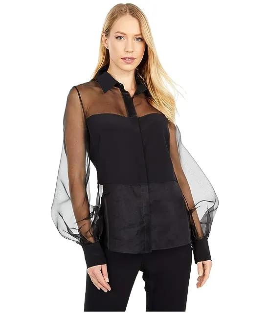 Button-Down Sheer Blouse with Billowing Sleeves