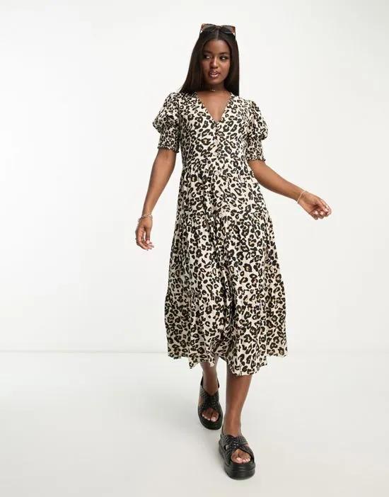 button down tiered midi dress in leopard print