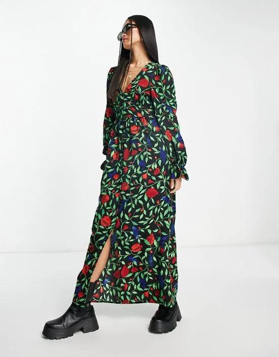 button down v neck long sleeve dress in multi