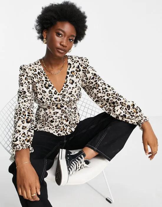 button front blouse in animal print