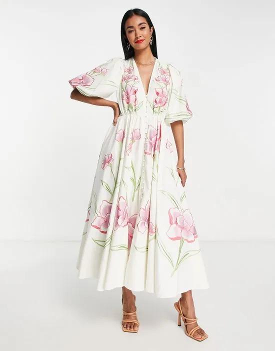 button front bright floral embroidered midi dress