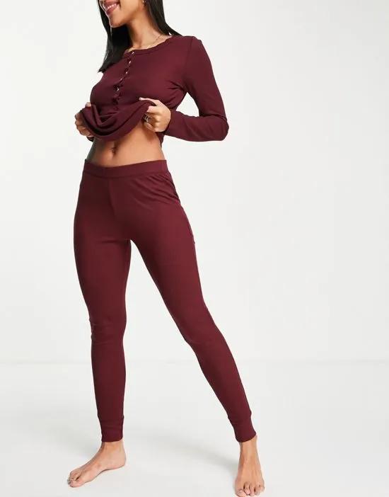 button front detail mini waffle long sleeve top and legging lounge set in wine