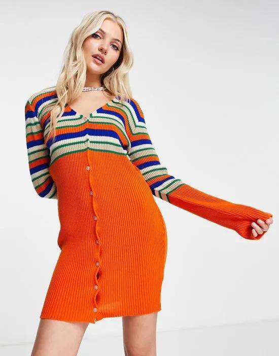 button front knitted mini dress in stripe