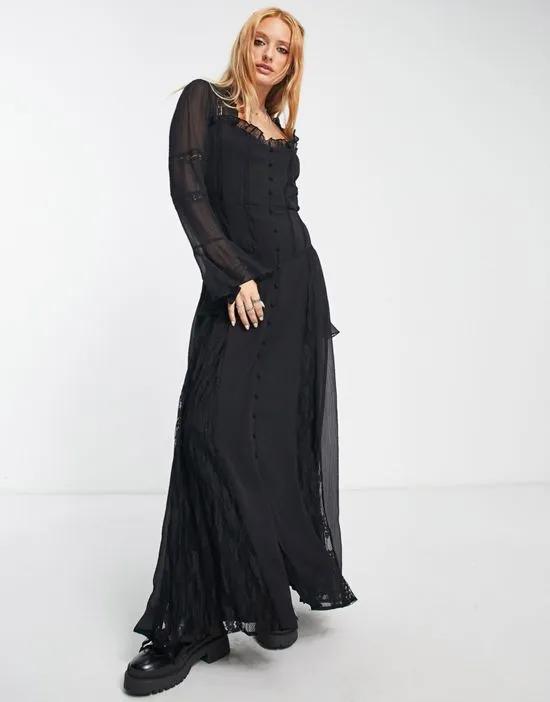 button front maxi tea dress with lace in black