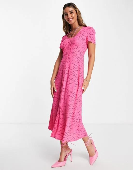 button front midi dress in pink dot