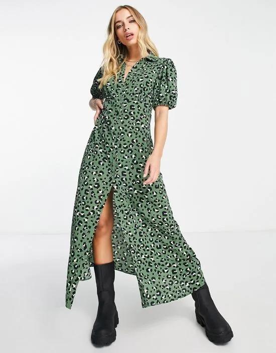 button front midi shirt tea dress in green abstract print