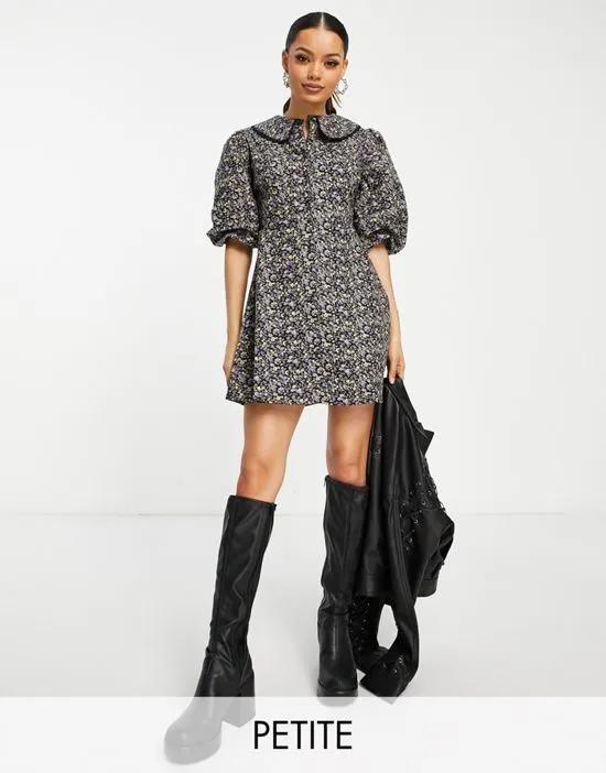 button front mini dress with collar in ditsy floral print