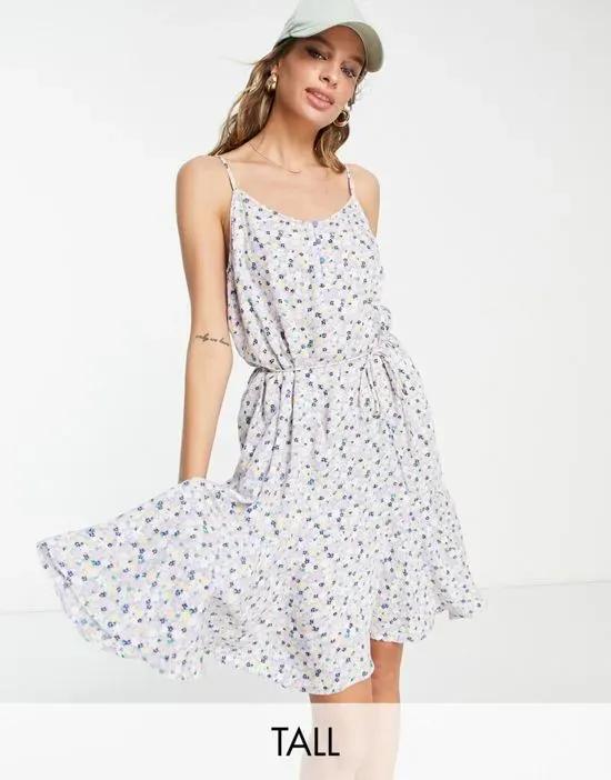 button front mini slip dress in blue ditsy floral