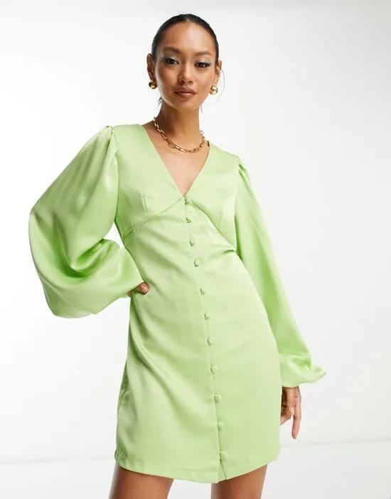 button front satin mini dress in apple green