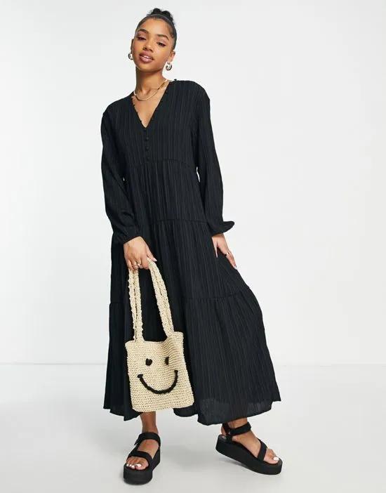 button front tiered maxi dress in black