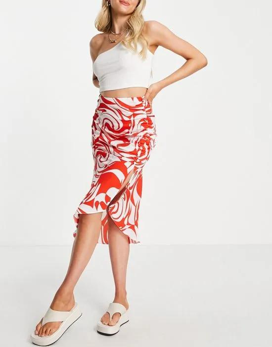 button ruched skater midi skirt in swirl print
