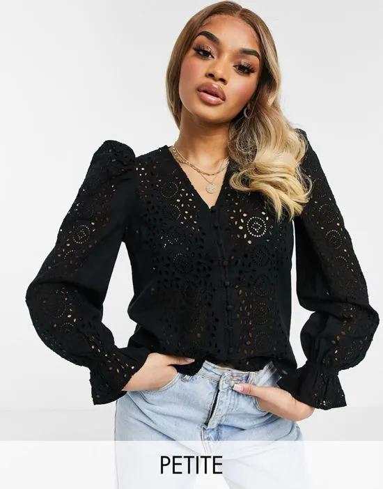 button through broderie blouse in black