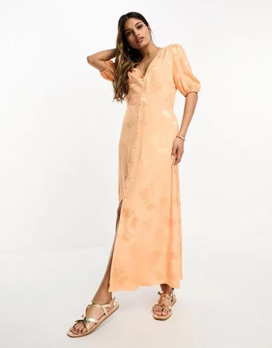 button through jacquard midi tea dress in orange