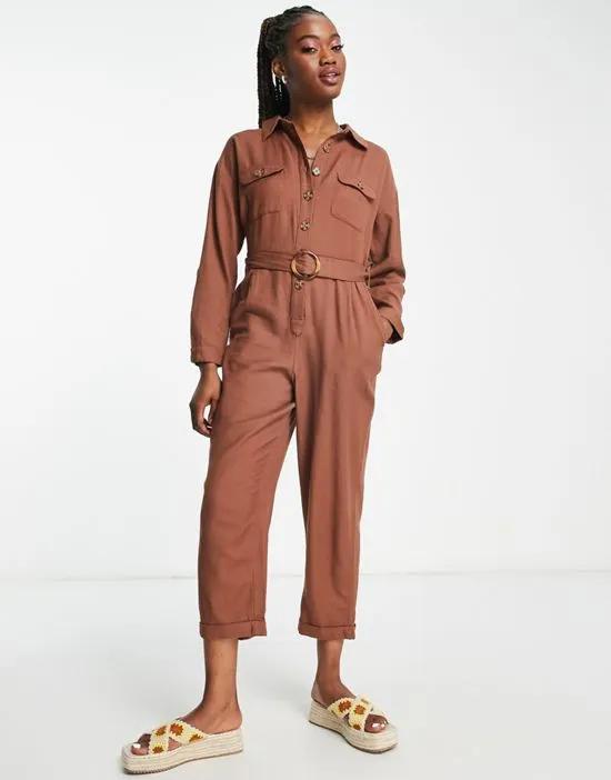 button through jumpsuit in chocolate brown