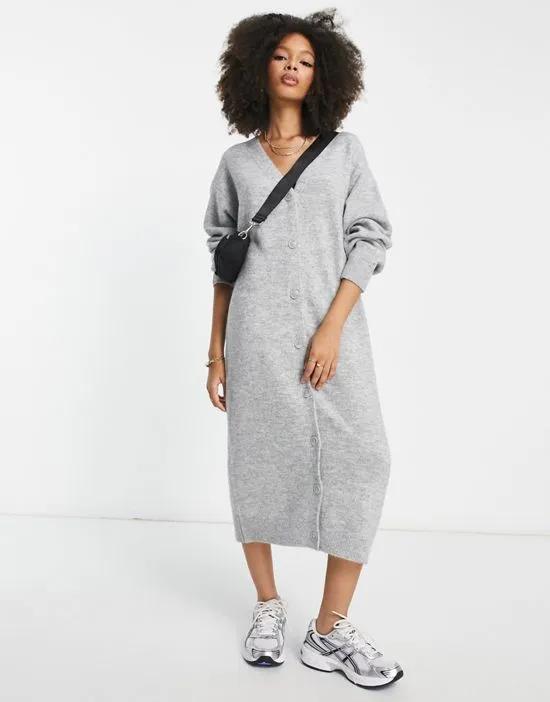 button through knitted midi dress in gray melange