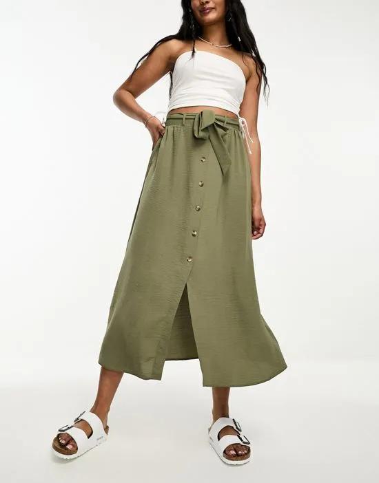 button through midi skirt with tie waist in khaki