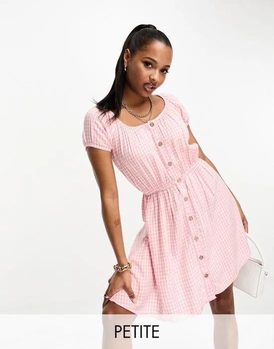 button through mini dress with puff sleeves in pink gingham